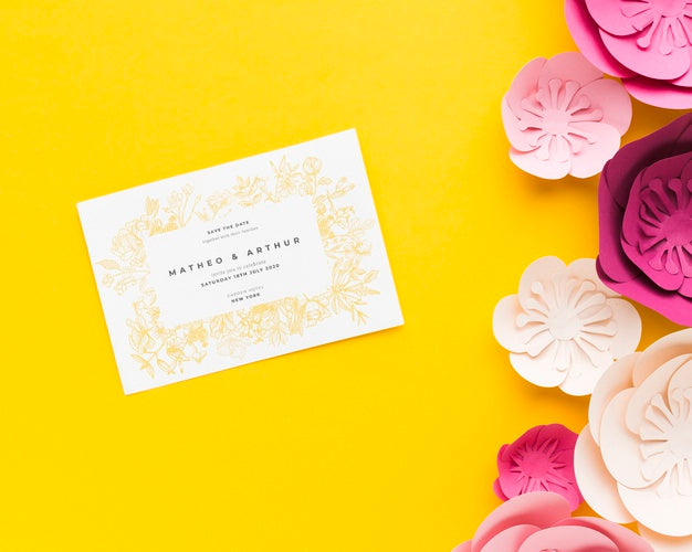 Wedding Invitation Mock-Up With Paper Flowers On Yellow Wallpaper Psd
