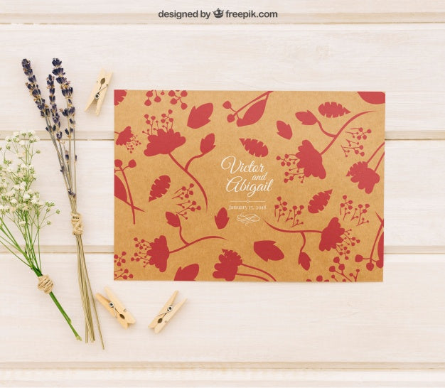 Wedding Invitation Template With Flowers And Clothespins Psd