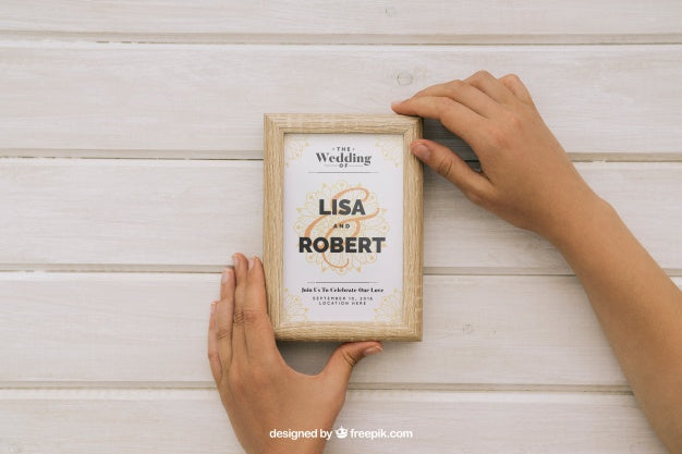 Wedding Mock Up With Hands And Wooden Frame Psd