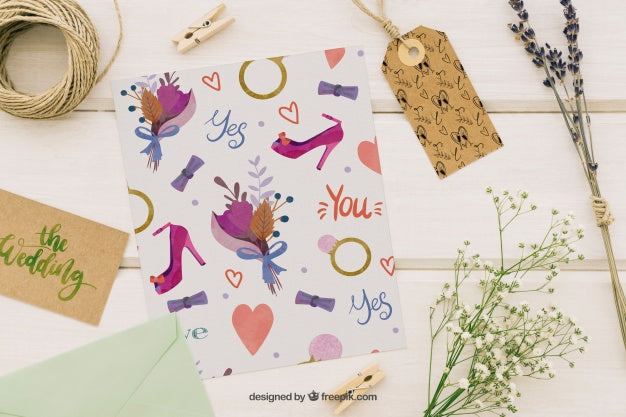 Wedding Mock Up With Ornaments, Label , Template And Flowers Psd