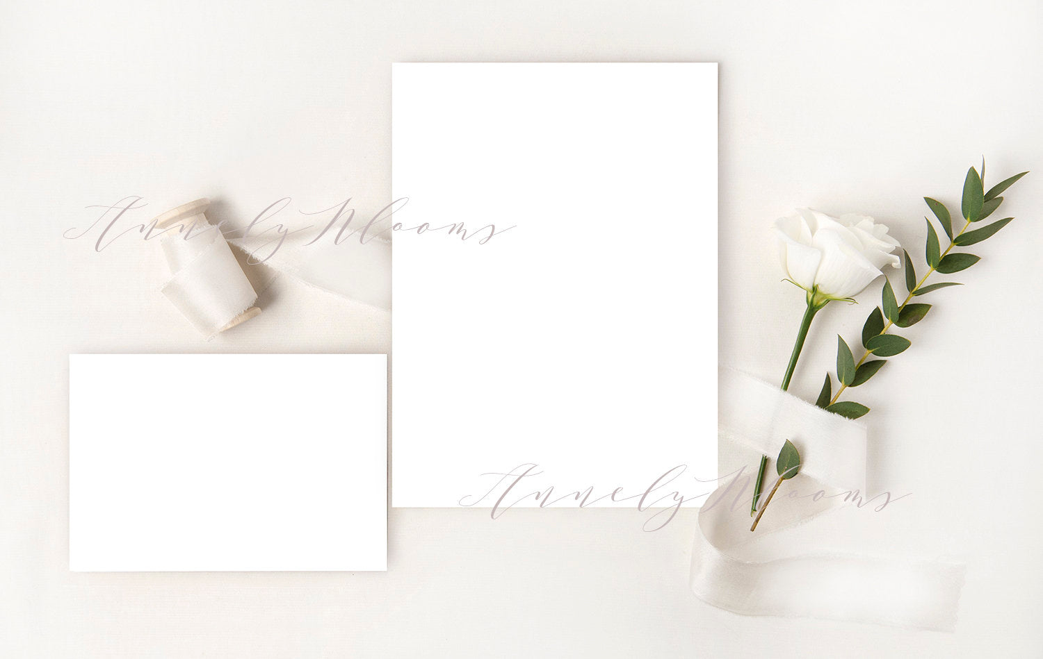 Wedding Wedding Mockup With Silk Ribbon, White Rose And Eucalyptus Foliage. Elegant Mockup For Your Wedding Designs.
