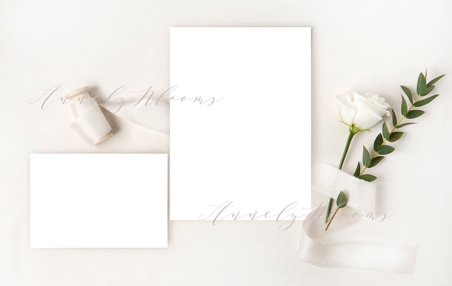 Wedding Wedding Mockup With Silk Ribbon, White Rose And Eucalyptus Foliage. Elegant Mockup For Your Wedding Designs.