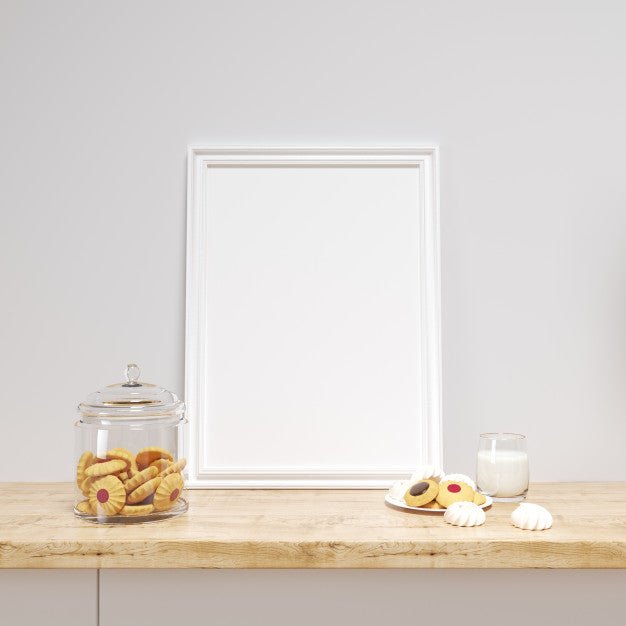White Frame Mockup On A Kitchen Counter With Delicious Cookies Psd