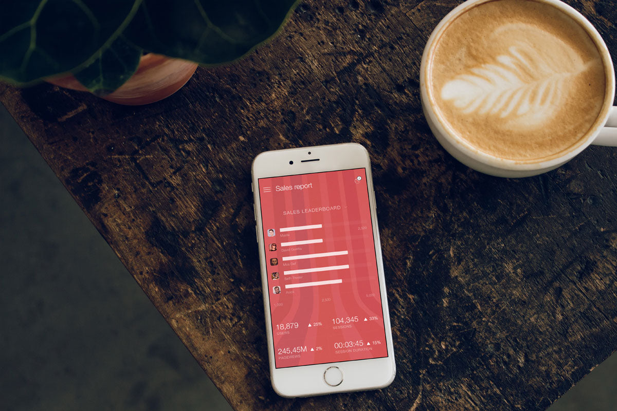 White iPhone 8 Mockup with Coffee Mug on Vintage Wooden Table