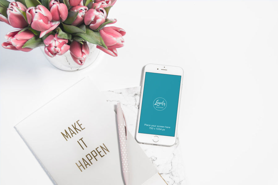 White iPhone 8 Mockup and Pink Tulips