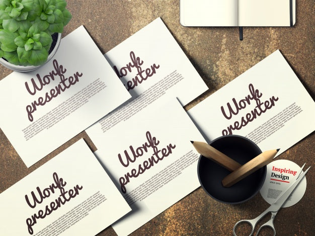 White Work Presenter On Wooden Desktop Mock Up Psd