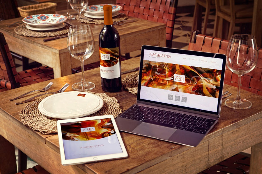 Scene with Wine Bottle, iPad Air 2 and Macbook (Mockup)
