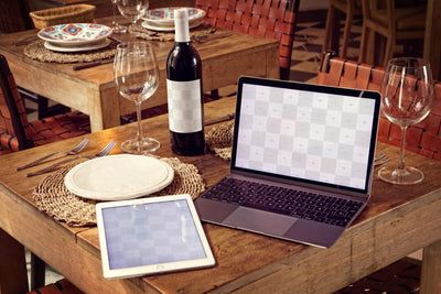 Scene with Wine Bottle, iPad Air 2 and Macbook (Mockup)