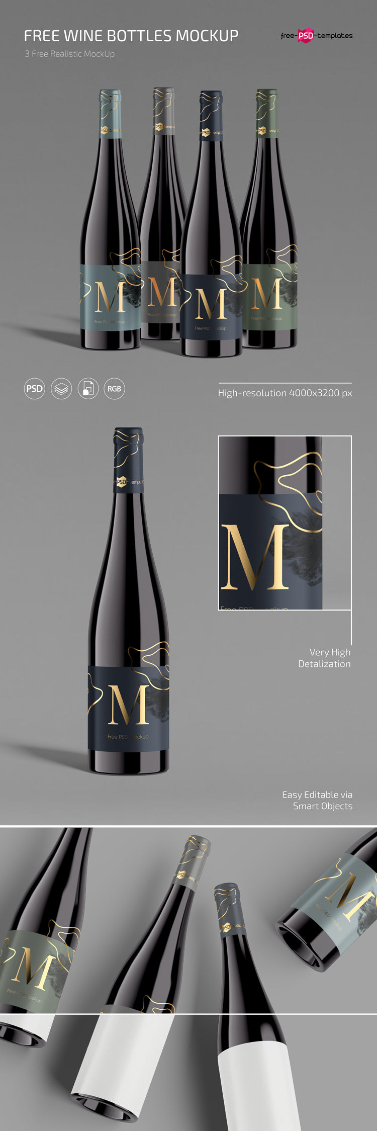 Wine Bottle Mockup Set In Psd