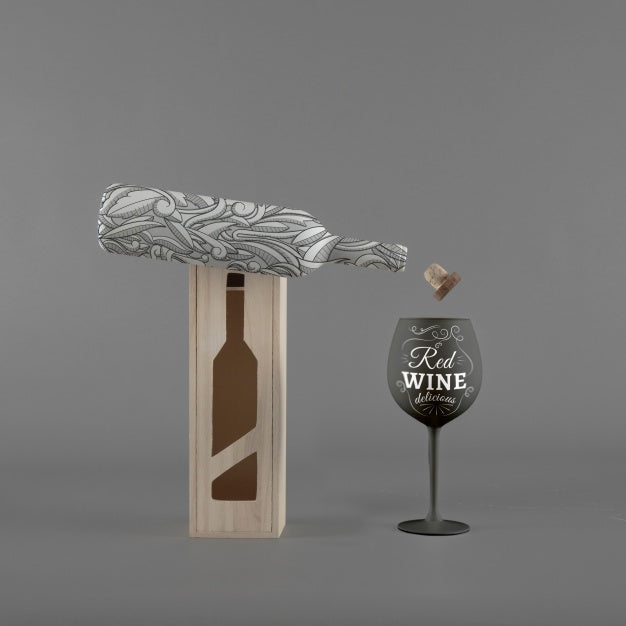Wine Bottle Mockup With Box And Glass Psd