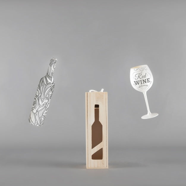 Wine Bottle Mockup With Box And Glass Psd