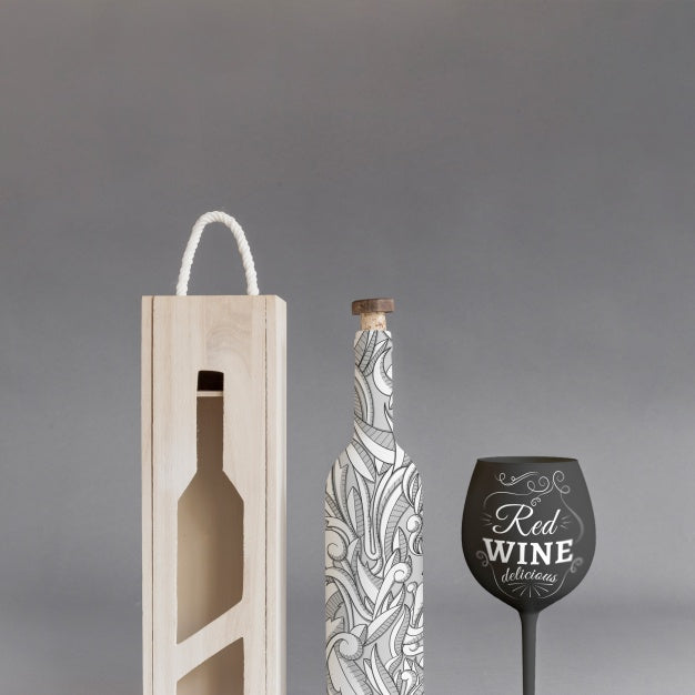 Wine Bottle Mockup With Box And Glass Psd