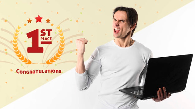 Winner Holding Laptop Psd