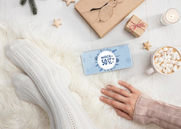 Winter Hygge Composition With Phone Mock-Up Psd
