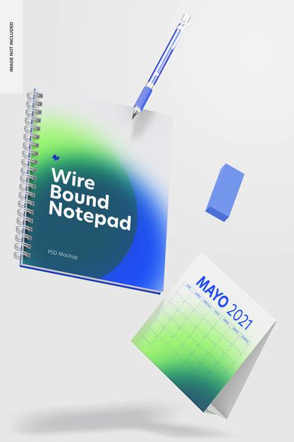 Wire Bound Notepad Scene Mockup, Falling Psd
