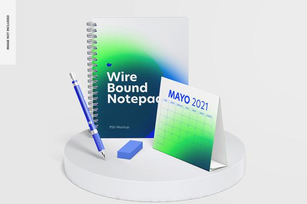 Wire Bound Notepad Scene Mockup, Front View Psd