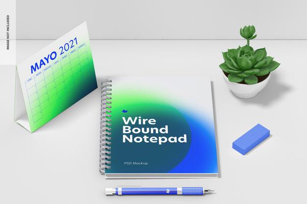 Wire Bound Notepad Scene Mockup, Top View Psd