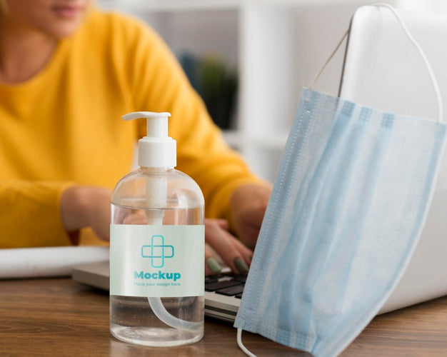 Woman At Desk With Mask And Disinfectant Mock-Up Psd