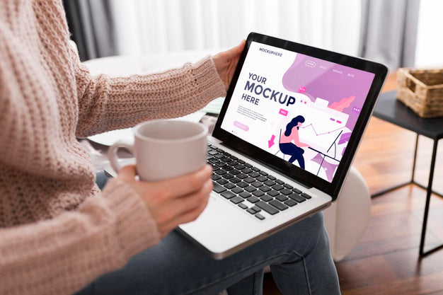 Woman At Home With Coffee And Laptop Mock-Up Psd