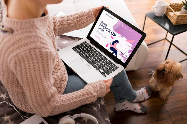 Woman At Home With Laptop Mock-Up Psd