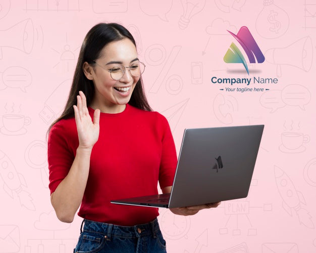 Woman Having An Online Meeting And Business Logo Ad Psd