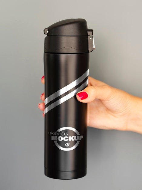 Woman Holding A Black Thermos Mock-Up Psd