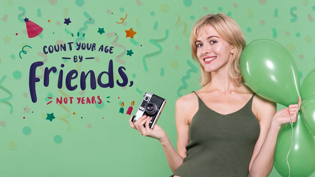 Woman Holding Balloons And Camera Psd