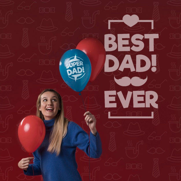 Woman Holding Balloons Mock-Up On Burgundy Background Psd