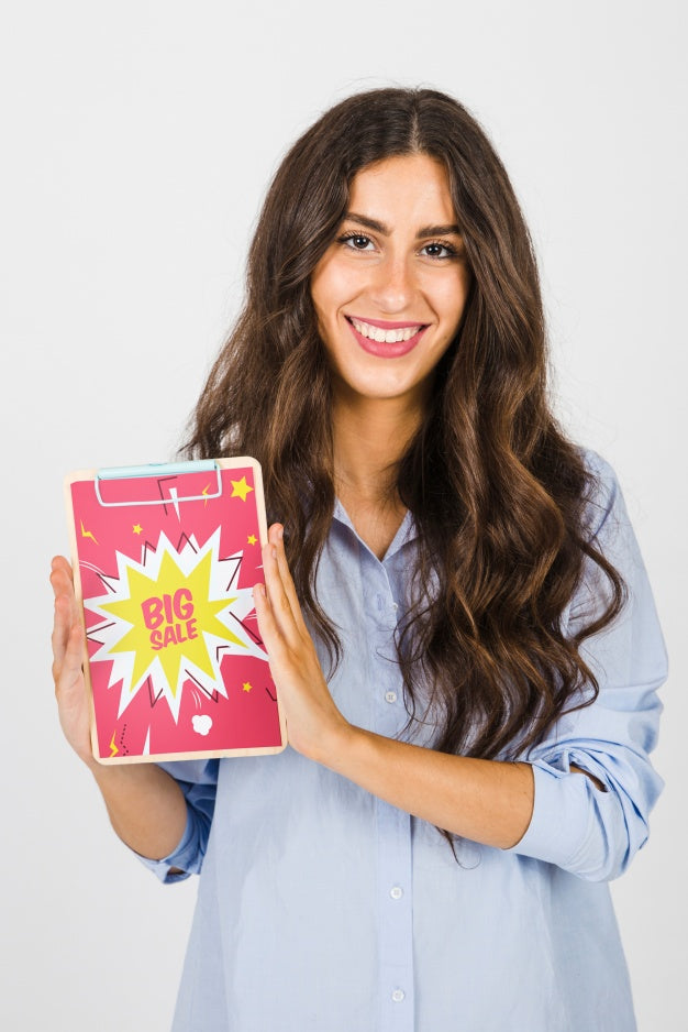 Woman Holding Clipboard Mockup Psd