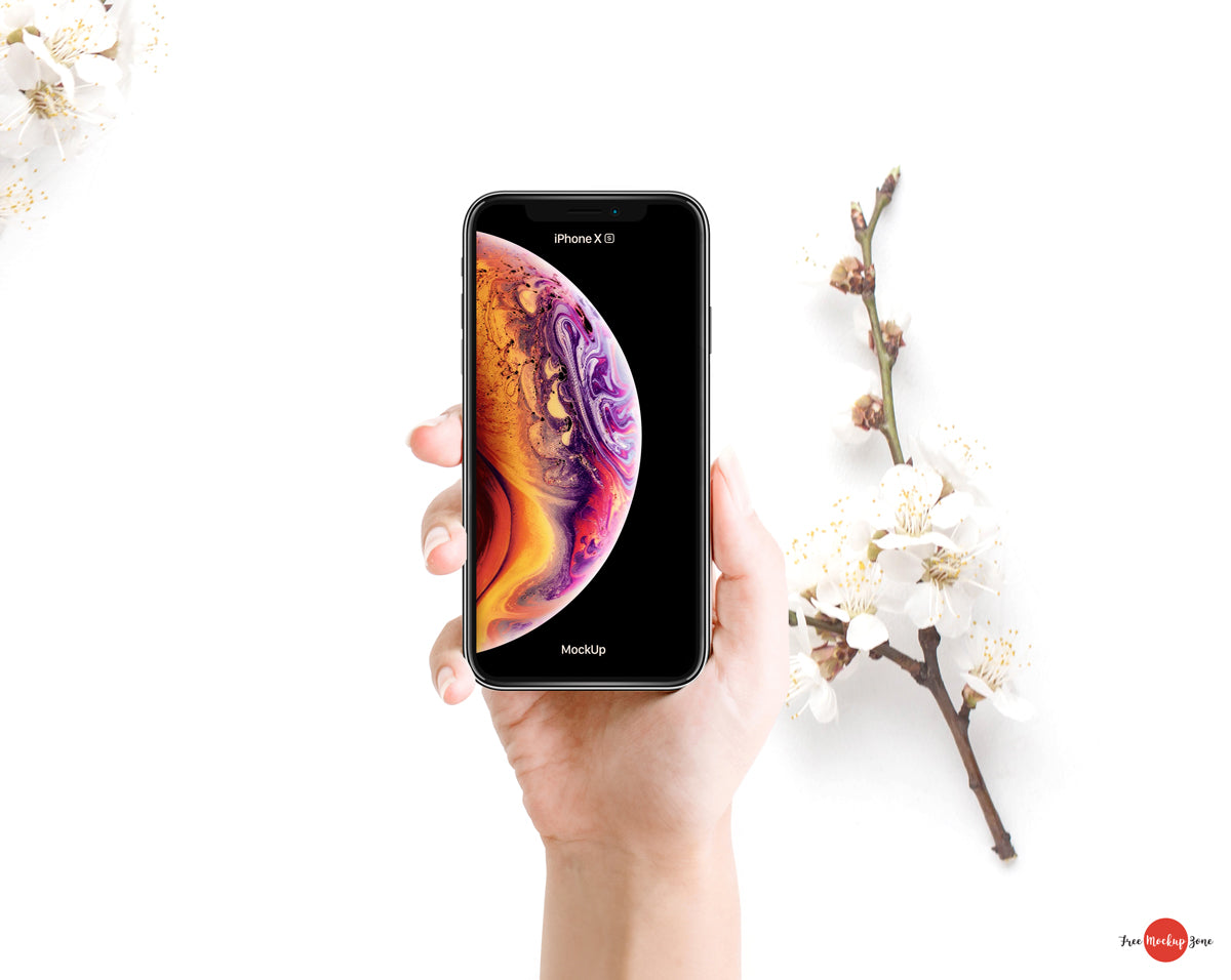 Woman Holding Iphone Xs Mockup Psd With Flowers