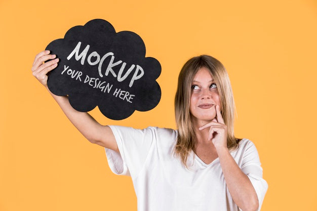 Woman Holding Sign Mock-Up Psd