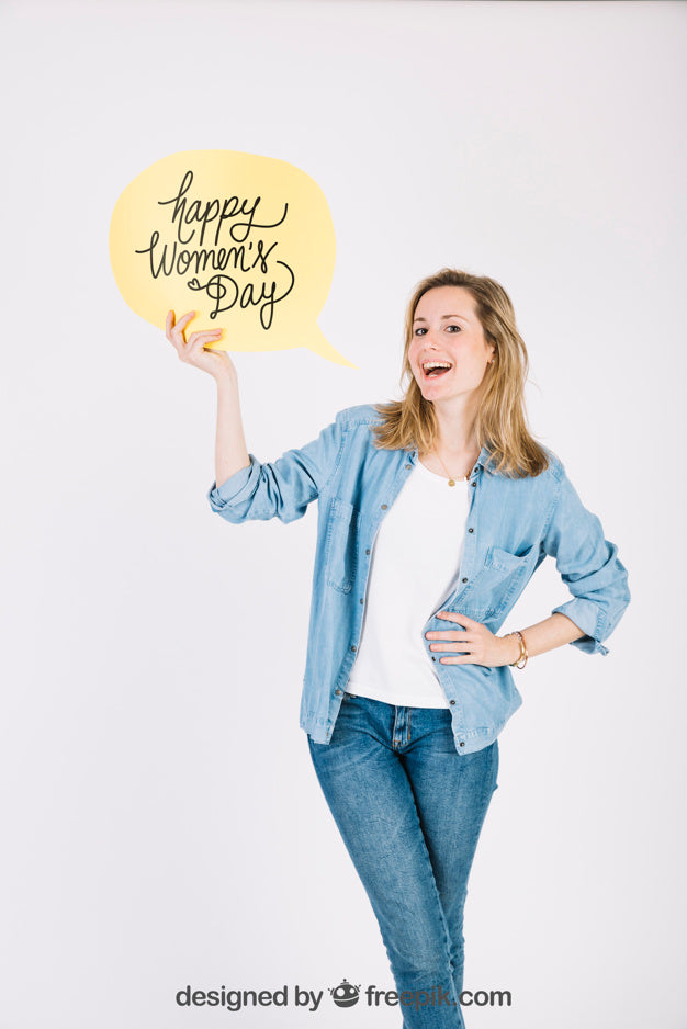 Woman Holding Speech Bubble Mockup Psd