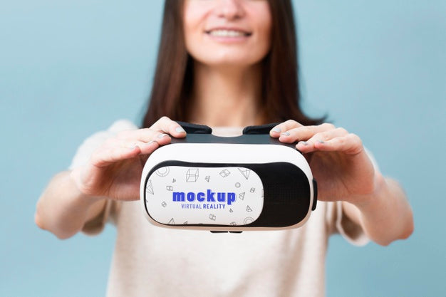Woman Holding Virtual Reality Headset Psd