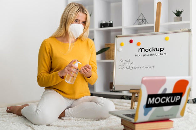 Woman In Bad With Laptop And Whiteboard Mock-Up Psd