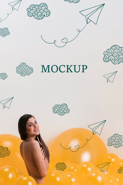 Woman Looking At Camera With Yellow Clouds Mock-Up Psd