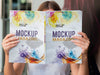 Woman Looking Into A Mock Up Magazine Psd