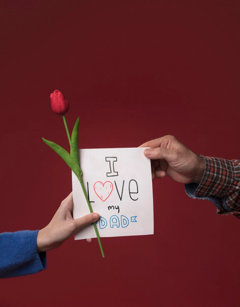 Woman Offering Card To Father On Burgundy Mock-Up Psd