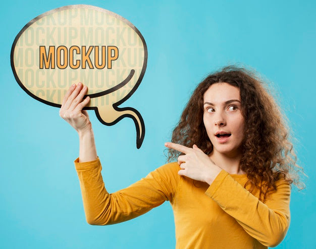 Woman Pointing At Chat Bubble Psd