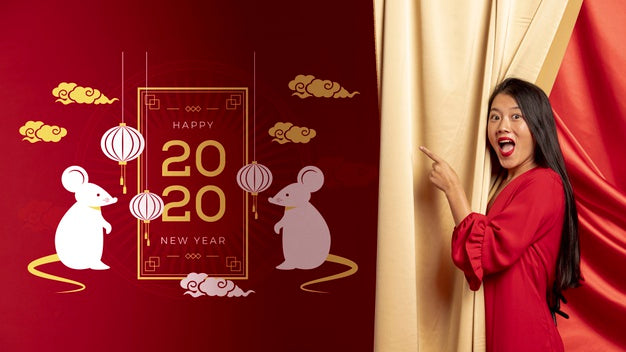 Woman Pointing At New Year Dated Decoration Psd