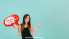 Woman Pointing To Her Left With Speech Balloon Mockup Psd