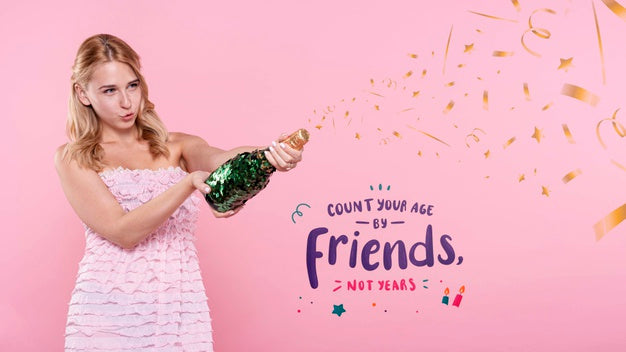 Woman Popping Champagne Bottle At Party Psd