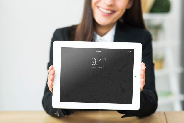 Woman Presenting Tablet Mockup Psd