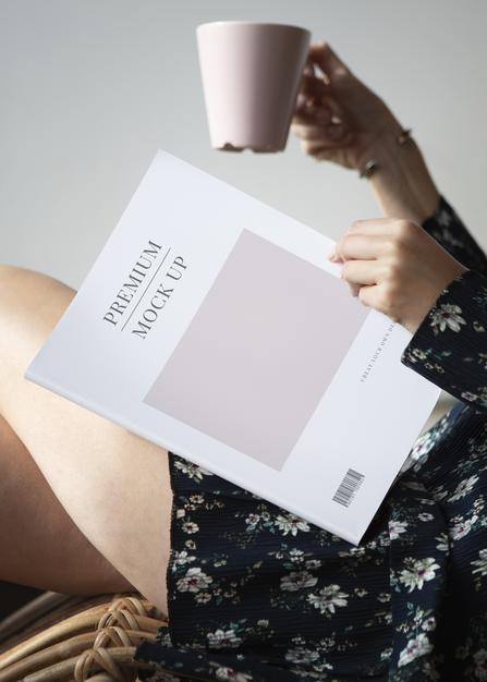 Woman Reading A Magazine Mockup With A Cup Of Coffee Psd