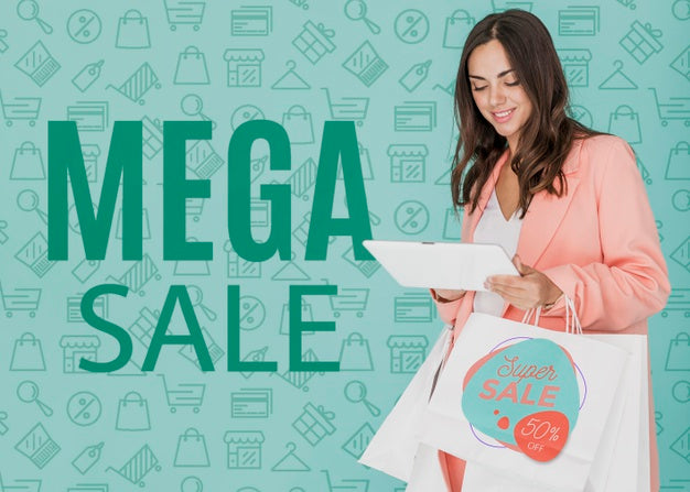 Woman Shopping On Mega Sales Camapaign Psd