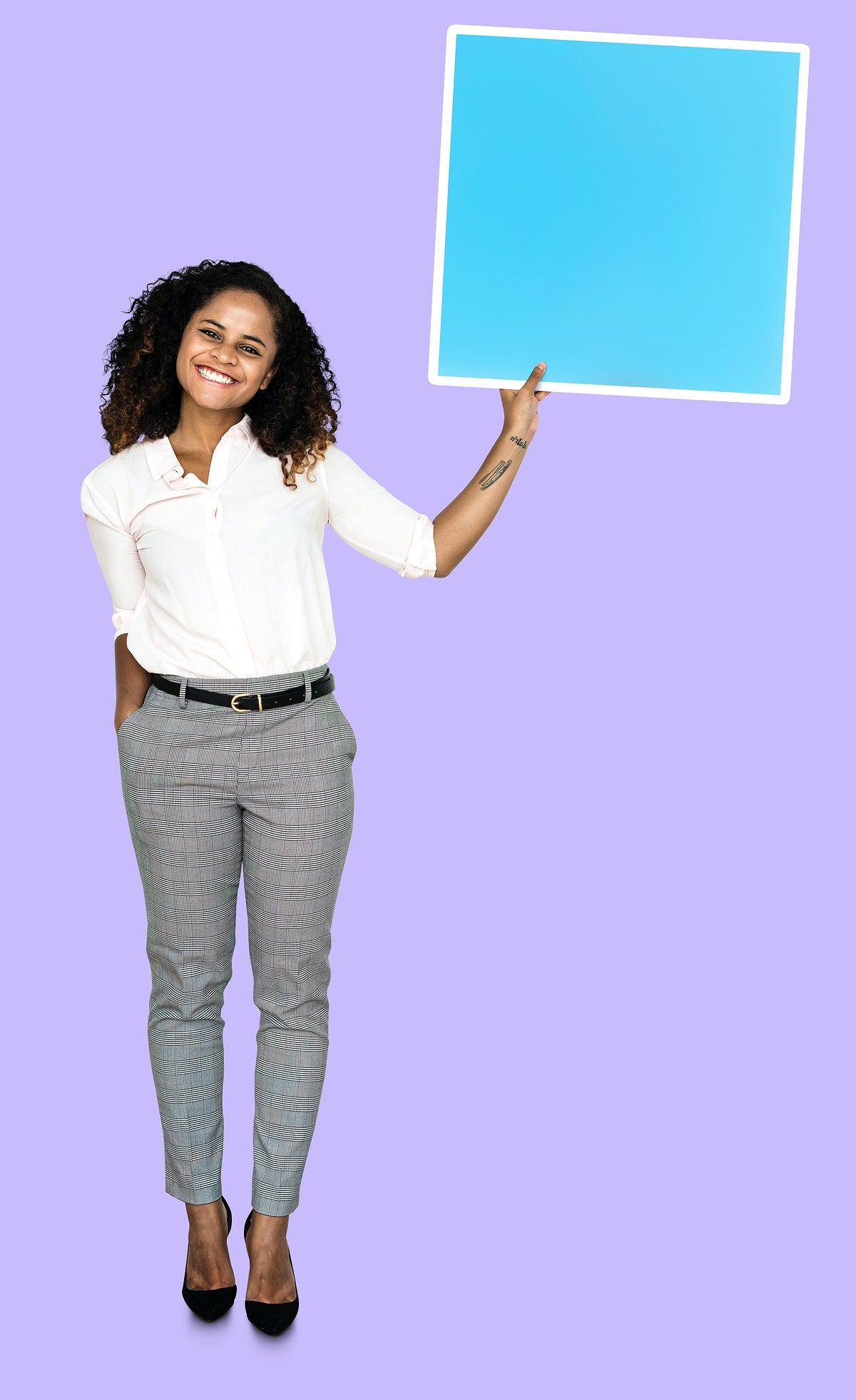 Woman Showing A Blank Blue Square Board
