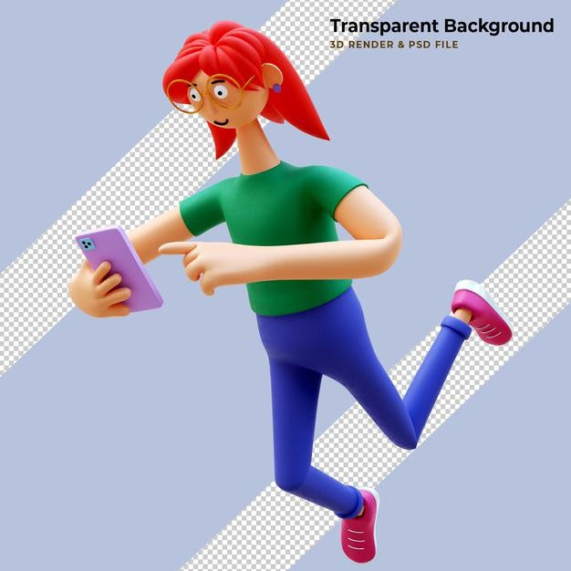 Woman Smiling At Her Phone. Female Character Holding Phone With Like Popping Up On The Mobile Screen. Mockup 3D Illustration Psd