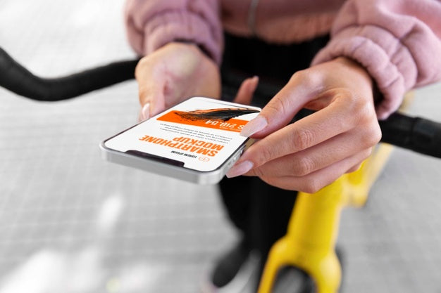 Woman Using Mock-Up Smartphone Outdoors While On Bicycle Psd