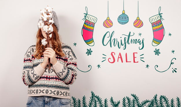 Woman Wearing A Christmas Sweater And Christmas Sales Offers Psd