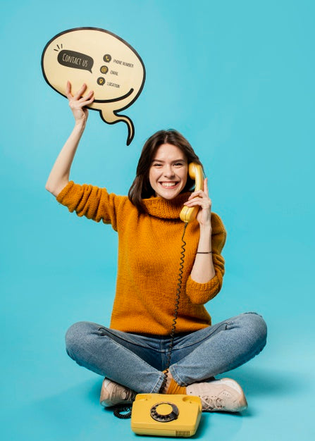 Woman With Chat Bubble And Old Phone Mock-Up Psd