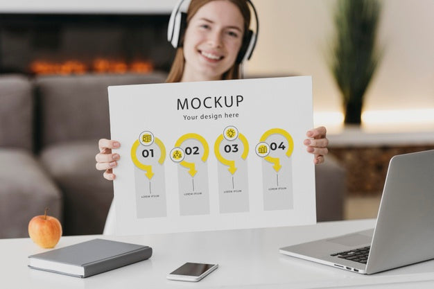 Woman With Headphones Holding Paper Sheet Psd